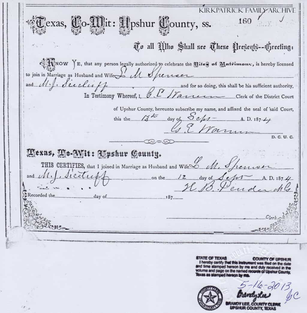 Copy of marriage license Lewis M. Spencer and Mary Julia (Siceluff) Spencer