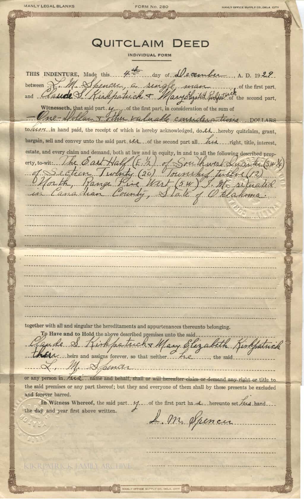 Quit Claim Deed between Lewis M. Spencer and Claude S. and Elizabeth Bole Kirkpatrick