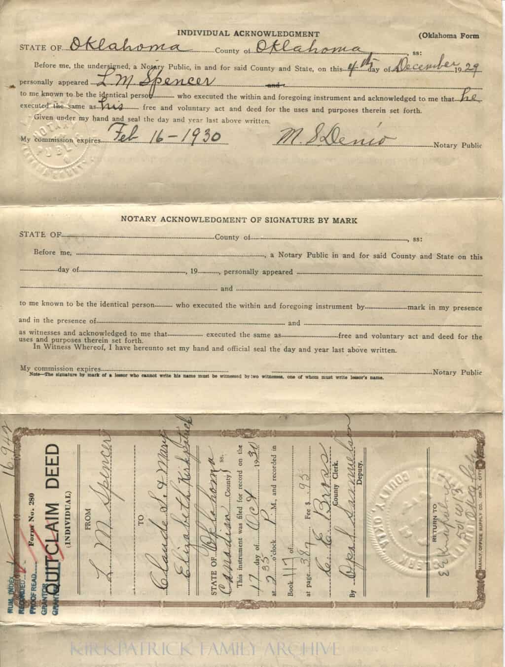 Quit Claim Deed between L. M. Spencer and Claude S. and Elizabeth Bole Kirkpatrick