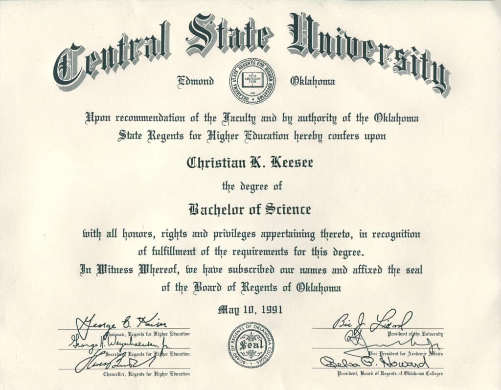 Central State University (now called the University of Central Oklahoma) awarded a bachelor of science degree  to Christian K. Keesee on May 10