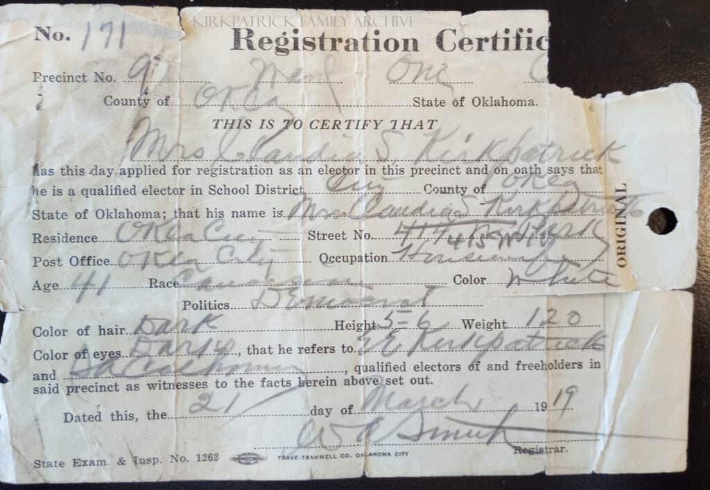Registration Certificate for Claudia Spencer Kirkpatrick notes that her applying to be an elector for precinct 9 for the Oklahoma City school district. Her address is listed as 415 NW 10th