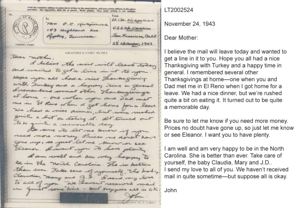 John E. Kirkpatrick writing to his mother Claudia Spencer Kirkpatrick regarding his childhood Thanksgiving memories.