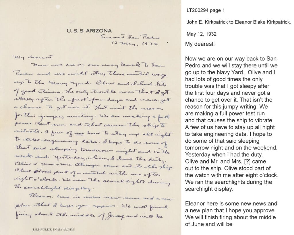 John E. Kirkpatrick is writing to Eleanor Blake while he serves aboard the USS Arizona; Page one.