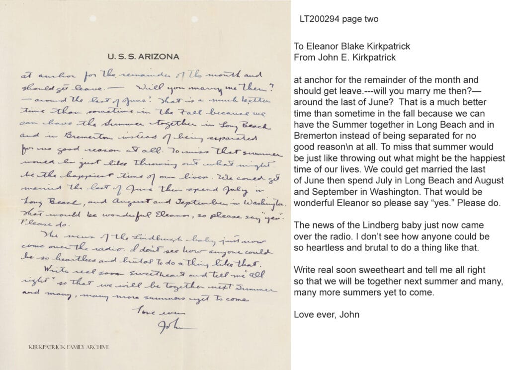 John E. Kirkpatrick is writing to Eleanor Blake while he serves aboard the USS Arizona; Page two.