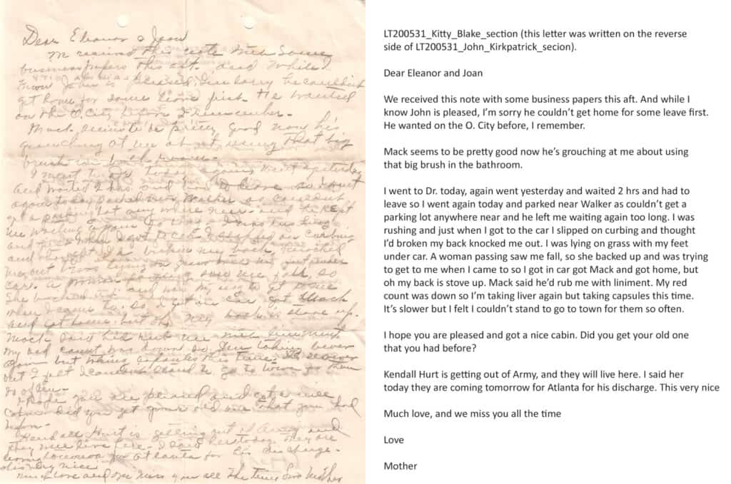 Kathryn “Kitty” Talbott Blake writing to her daughter Eleanor Blake Kirkpatrick with several family updates.