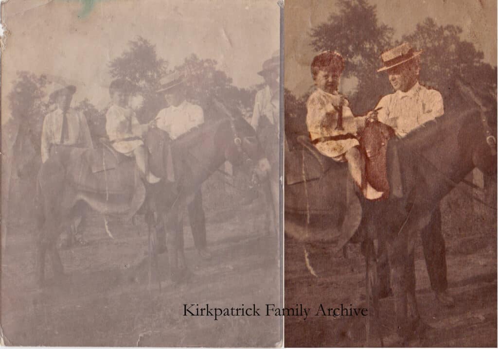 Photograph and enhancement shows a young Lewis Spencer Kirkpatrick with his father Dr. E. E. Kirkpatrick.