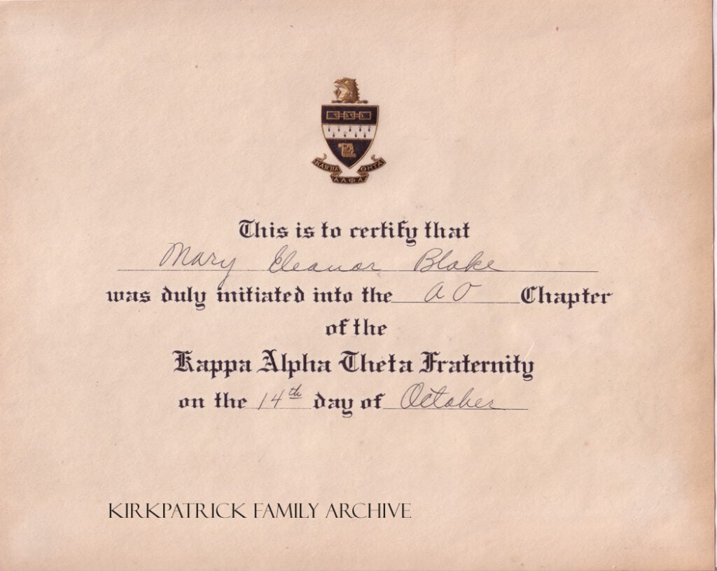 Kappa Alpha Theta Fraternity Certificate for Eleanor Blake from October 14